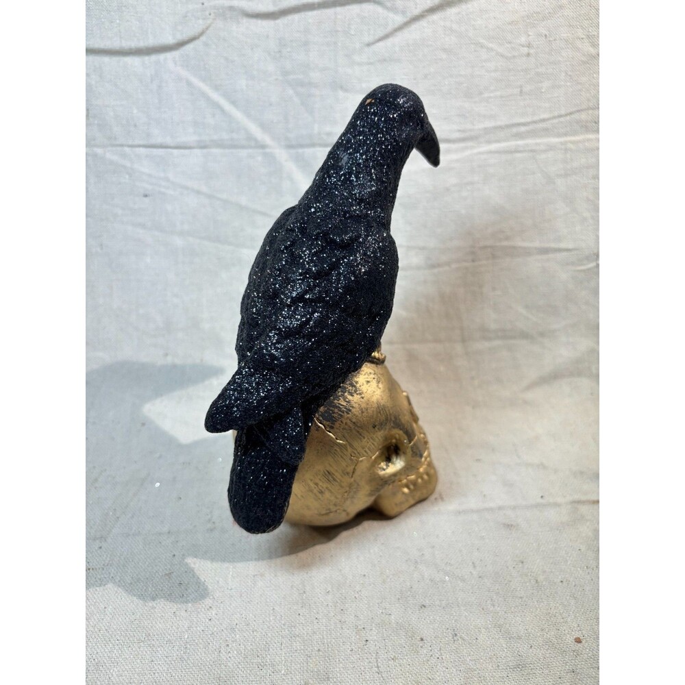 Raven On Gold Skull Halloween Decor Statue Black Glitter Bird Crow - Picture 2 of 8